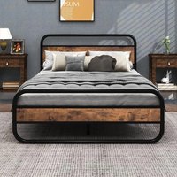 Double Double Bed Metal Platform Bed Frame with Wood Headboard - Brown