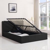 Ottoman Storage Bed Black Leather Side Lift - Black / Double