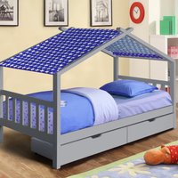 3ft Wooden House Storage Bed - Grey / Blue tent