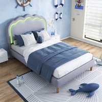 Velvet Material Upholstered Bed with LED and Adjustable Headboard  Grey | Bed Sava