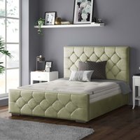 Belle Chesterfield Plush Velvet Bed Frame with Diamonds - Light Green / King