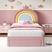 Single Upholstered Bed with Rainbow Headboard - Pink