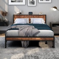 King Bed Frame with Shelf Wooden Headboard - Brown