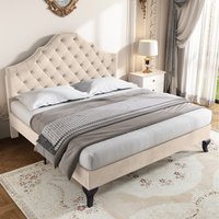 Beige Upholstered bed with slatted frame and headboard  Beige | Bed Sava