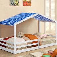 3ft Single Wooden House Style Bed with Tent Option - White / Blue tent