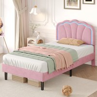 Upholstered Bed with LED Adjustable Shell Shape Headboard  Pink  Single | Bed Sava