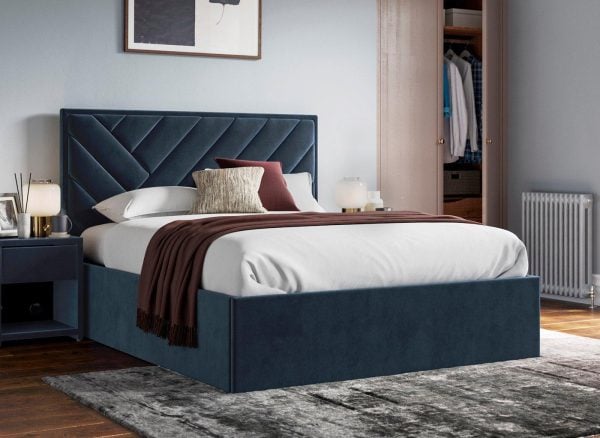 Jay Velvet Finish Upholstered Ottoman Bed Frame  46 Double  Blue | Bed Sava