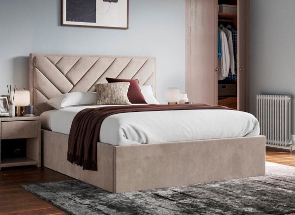 Jay Velvet Finish Upholstered Ottoman Bed Frame  60 Super King  Beige | Bed Sava