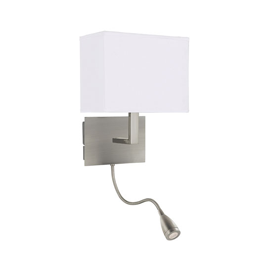 Dual Arm Satin Silver Wall Lamp With Oblong Fabric Shade | Bed Sava