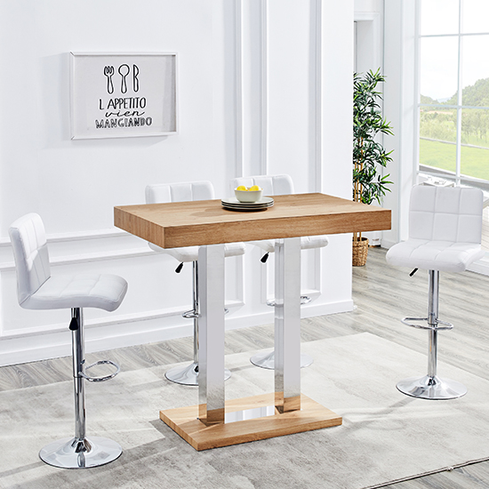 Caprice Small Oak Effect Bar Table With 4 Coco White Stools | Bed Sava