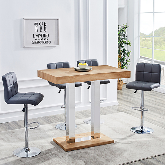 Caprice Small Oak Effect Bar Table With 4 Coco Grey Stools | Bed Sava