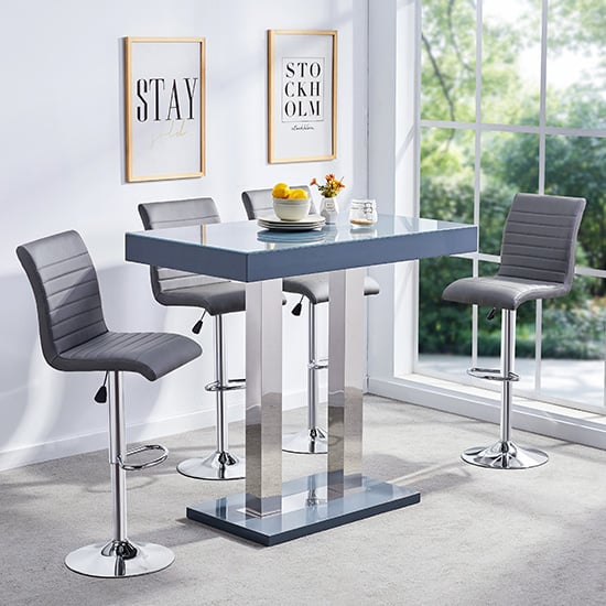 Caprice Grey High Gloss Bar Table 4 Ripple Grey Stools | Bed Sava
