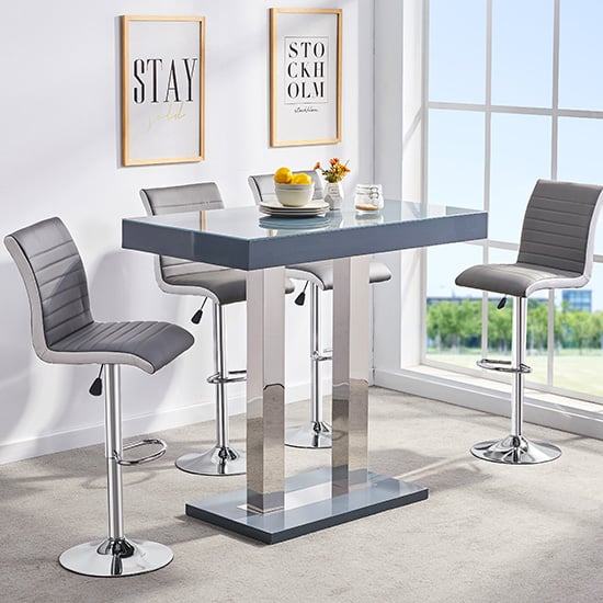 Caprice Grey High Gloss Bar Table 4 Ritz Grey White Stools | Bed Sava