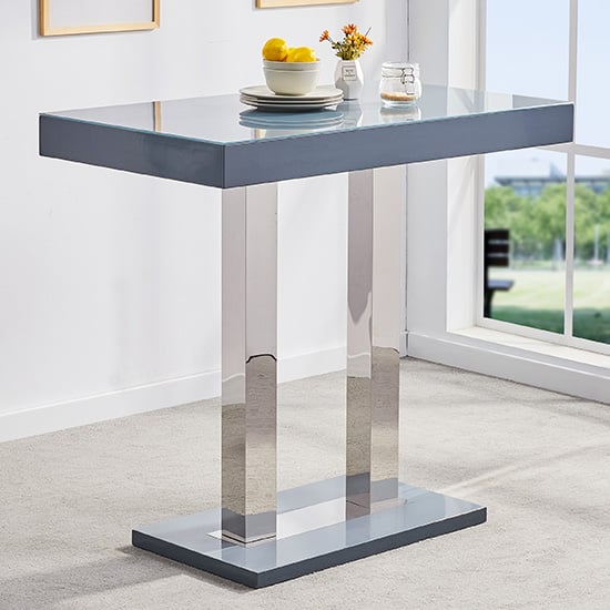 Caprice High Gloss Bar Table Rectangular Glass Top In Grey | Bed Sava