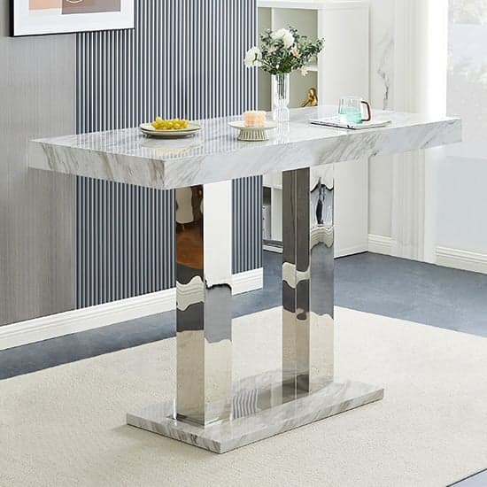 Caprice High Gloss Bar Table Large In Magnesia Marble Effect | Bed Sava