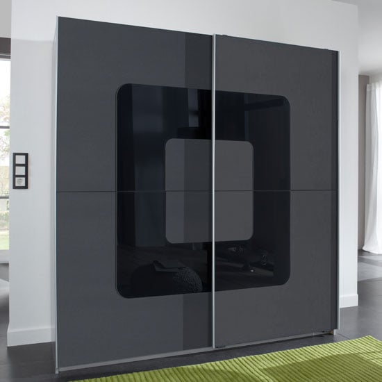 Cubi Sliding Wardrobe In Anthracite Front And Black Glass Insert | Bed Sava