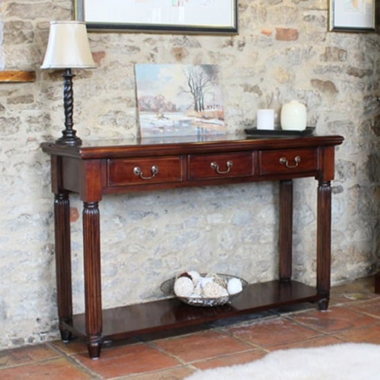Belarus Console Table In Mahogany With 3 Drawers | Bed Sava