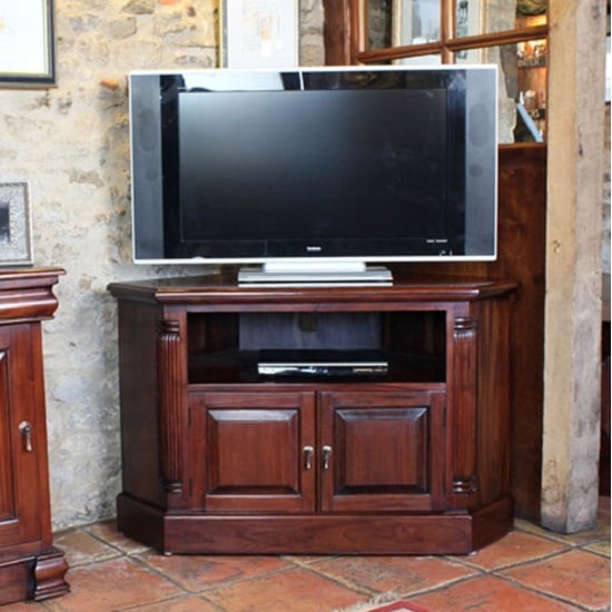 Belarus Corner LCD TV Stand In Mahogany With Cupboard And Shelf | Bed Sava