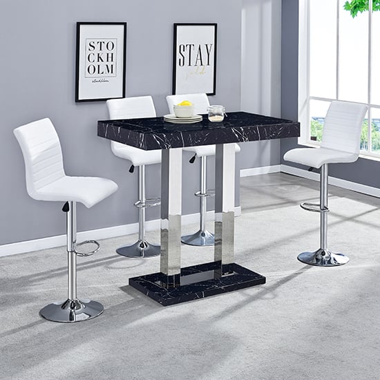 Caprice Milano Effect Gloss Bar Table 4 Ripple White Stools | Bed Sava