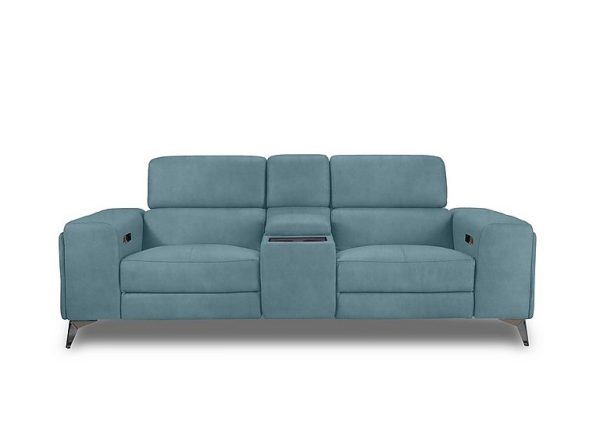 Action Fabric 3 Seater Power Recliner Media Sofa with Power Storage Arms  Velvet Blu | Bed Sava