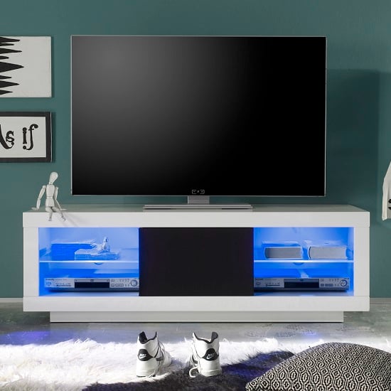 Wales LCD TV Stand In White Gloss Front And Black Trim With LED