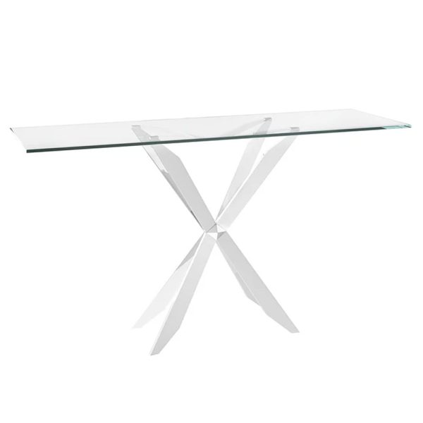 Selina Glass Console Table In Clear With Stainless Steel Base | Bed Sava