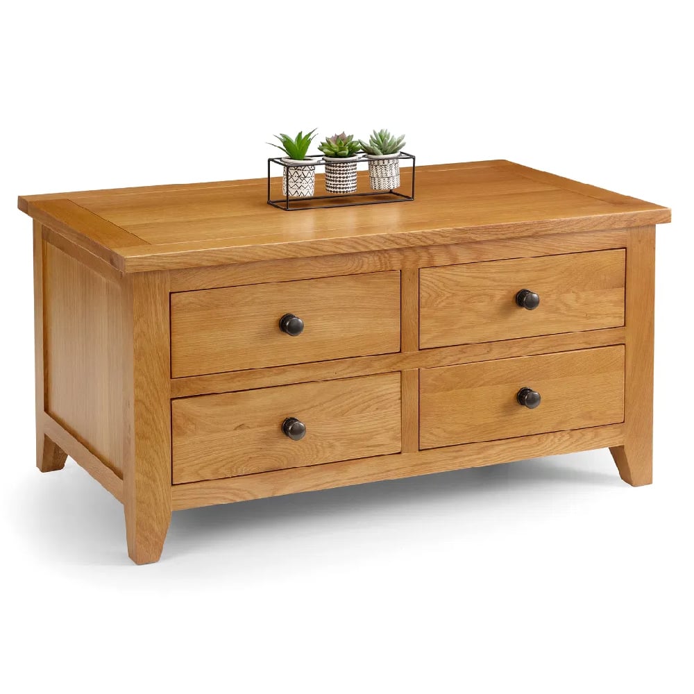 Aaralyn Wooden Coffee Table With 4 Drawers In Oak | Bed Sava