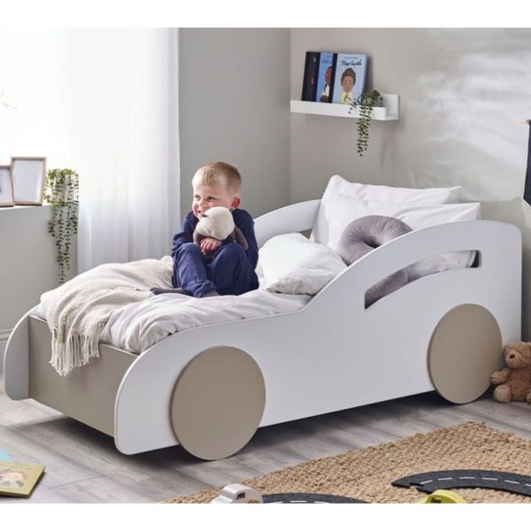 Abana Wooden Children Car Bed In White And Taupe | Bed Sava