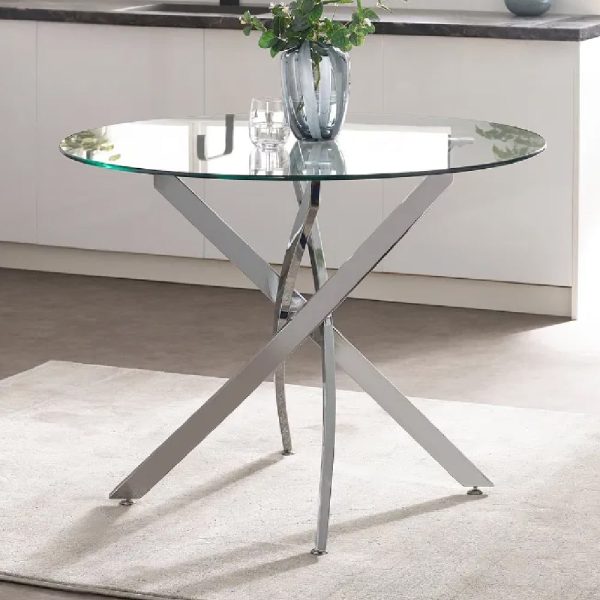 Abbottstown Clear Glass Round Dining Table With Chrome Legs | Bed Sava