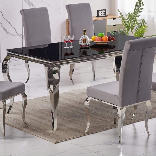 Abdon Black Glass Dining Table With Silver Legs | Bed Sava
