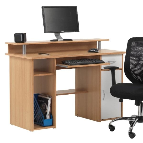 Aberdare Wooden Laptop Desk With 1 Door In Beech And White | Bed Sava