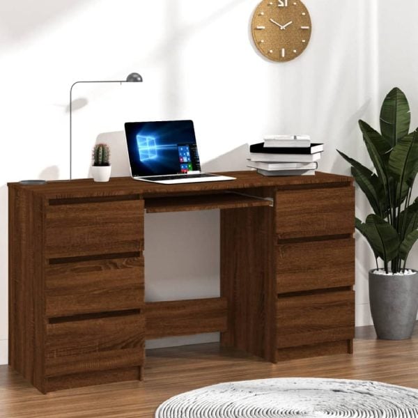 Abingdon Wooden Laptop Desk With 6 Drawers In Brown Oak | Bed Sava