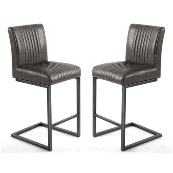 Aboba Grey Leather Bar Chairs With Metal Legs In Pair