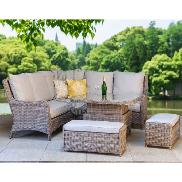 Abobo Glass Top Garden Corner Dining Set With 2 Ottomans In Grey | Bed Sava