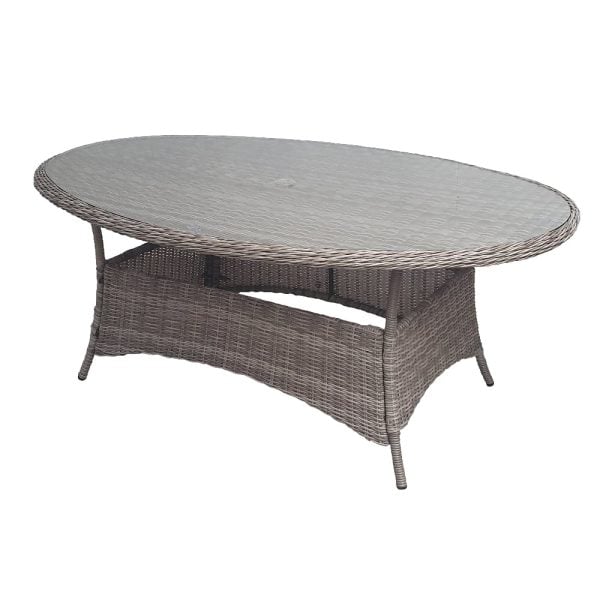 Abobo Glass Top Garden Oval Dining Table In Grey | Bed Sava