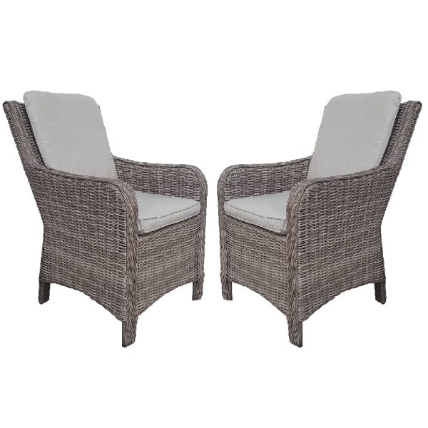Abobo Grey Rattan Dining Armchairs With Cushions In Pair | Bed Sava