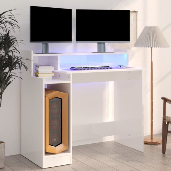 Acampo High Gloss Laptop Desk In White With LED Lights | Bed Sava