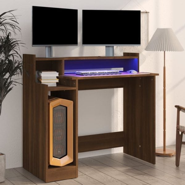Acampo Wooden Laptop Desk In Brown Oak With LED Lights | Bed Sava