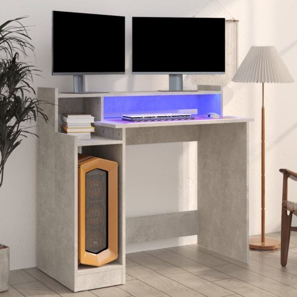 Acampo Wooden Laptop Desk In Concrete Grey With LED Lights | Bed Sava