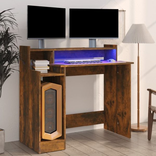 Acampo Wooden Laptop Desk In Smoked Oak With LED Lights | Bed Sava