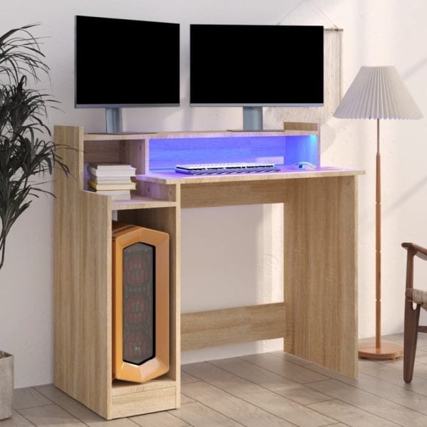 Acampo Wooden Laptop Desk In Sonoma Oak With LED Lights | Bed Sava