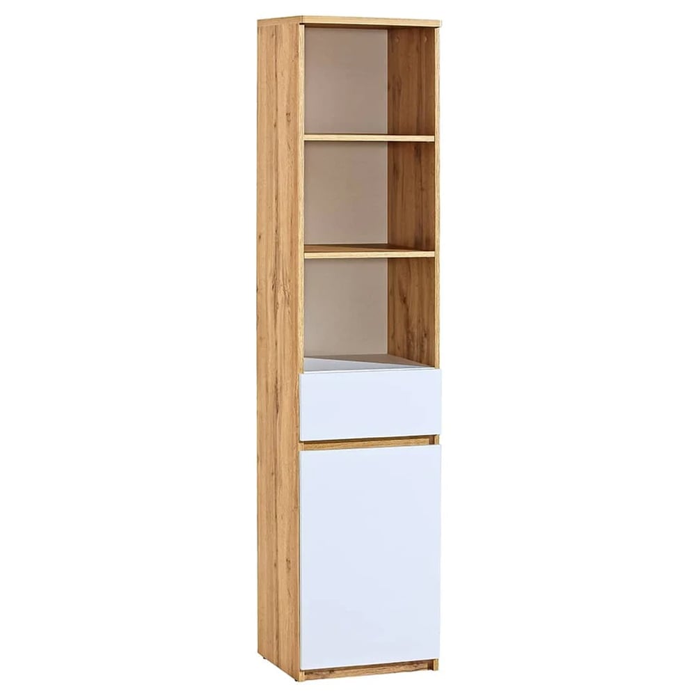 Accord Tall Wooden Storage Cabinet In Wotan Oak And Arctic White