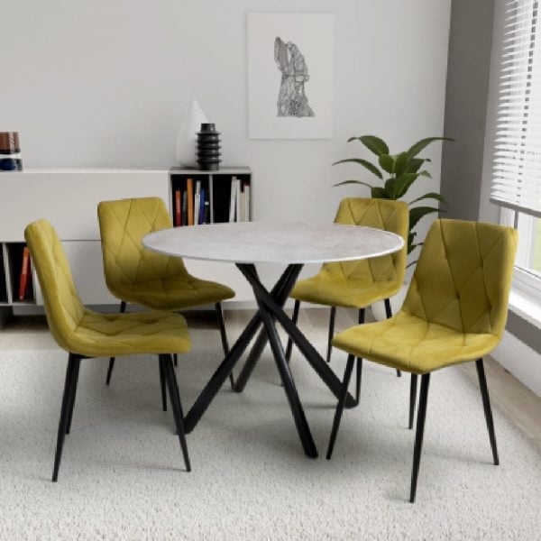 Accro Grey Glass Dining Table With 4 Vestal Yellow Chairs | Bed Sava