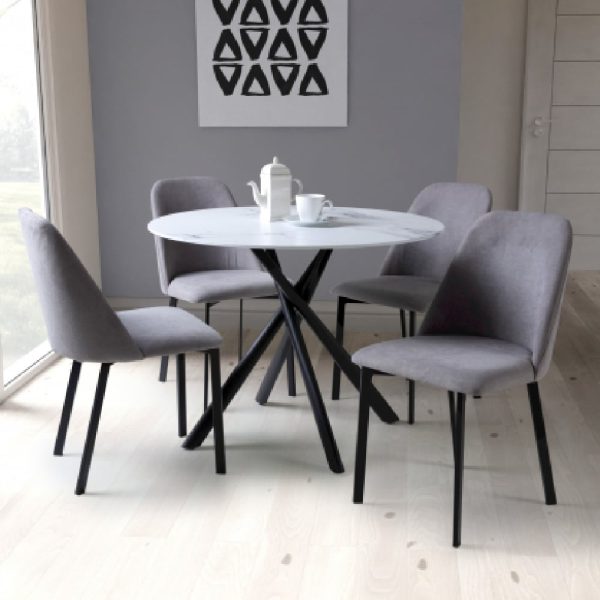 Accro White Glass Dining Table With 4 Lenoir Light Grey Chairs | Bed Sava