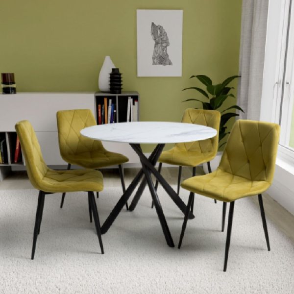 Accro White Glass Dining Table With 4 Vestal Yellow Chairs | Bed Sava