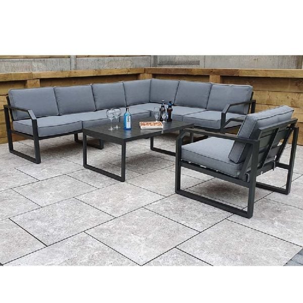Adana Aluminium Garden Corner Sofa Set With Coffee Table In Grey | Bed Sava