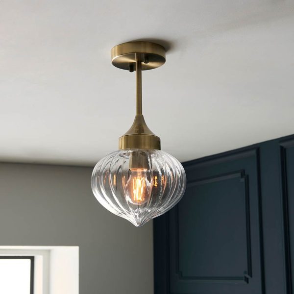 Addington Glass Shade Semi Flush Ceiling Light In Antique Brass | Bed Sava
