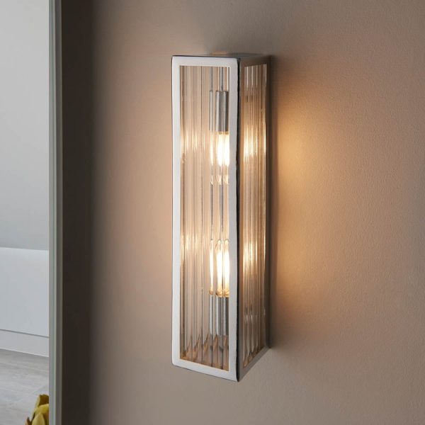 Adel Clear Ribbed Glass Diffuser Bathroom Wall Light In Chrome | Bed Sava