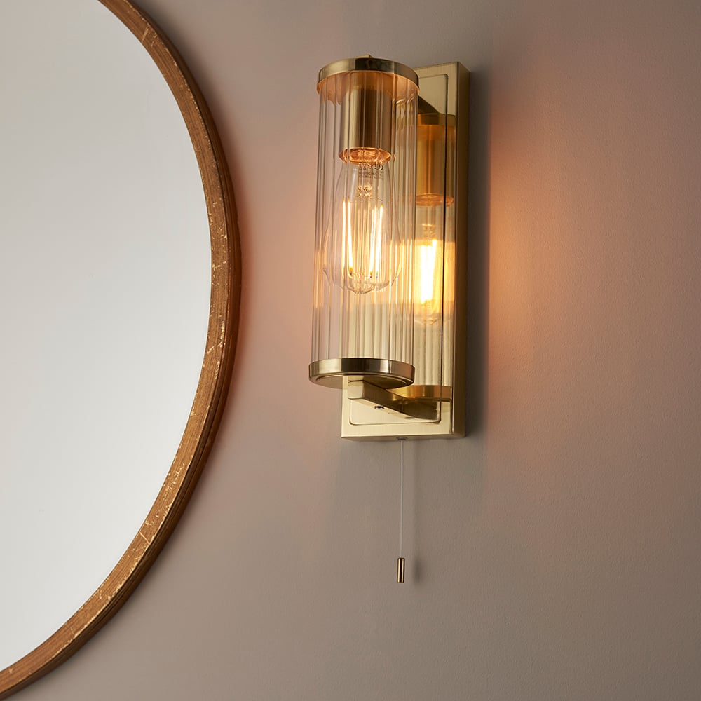Adel Cylinder Clear Glass Shade Bathroom Wall Light In Gold