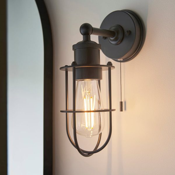 Adel Industrial Designer Caged Bathroom Wall Light In Black | Bed Sava